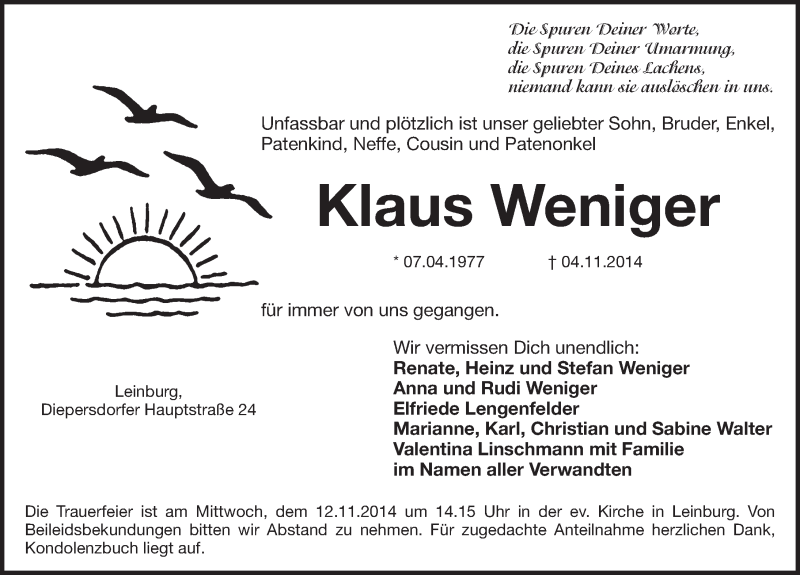  Traueranzeige für Klaus Weniger vom 08.11.2014 aus Pegnitz-Zeitung